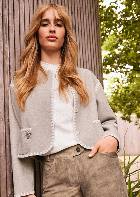 Graue Trachtenjacke für Damen mit weißen Ziernähten