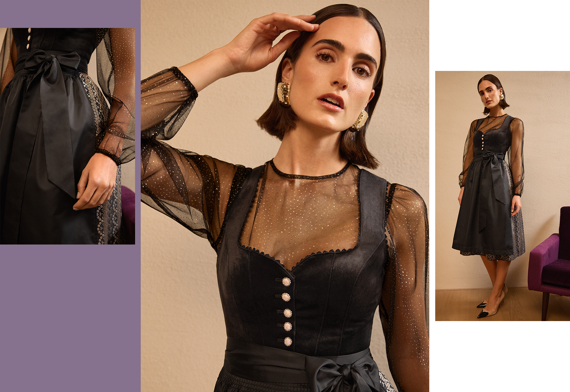 Schwarzes Dirndl Elegantes Dirndl in Schwarz mit transparenter Langarmbluse