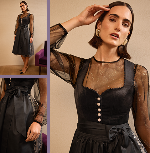 Schwarzes Dirndl Elegantes Dirndl in Schwarz mit transparenter Langarmbluse